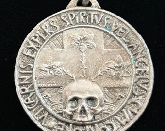 Vintage Saint Aloysius Gonzaga medallion  with Memento Mori with modern 20 inch sterling silver chain Necklace