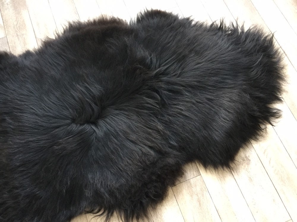 Black sheepskin long haired rug spael sheep throw 19050