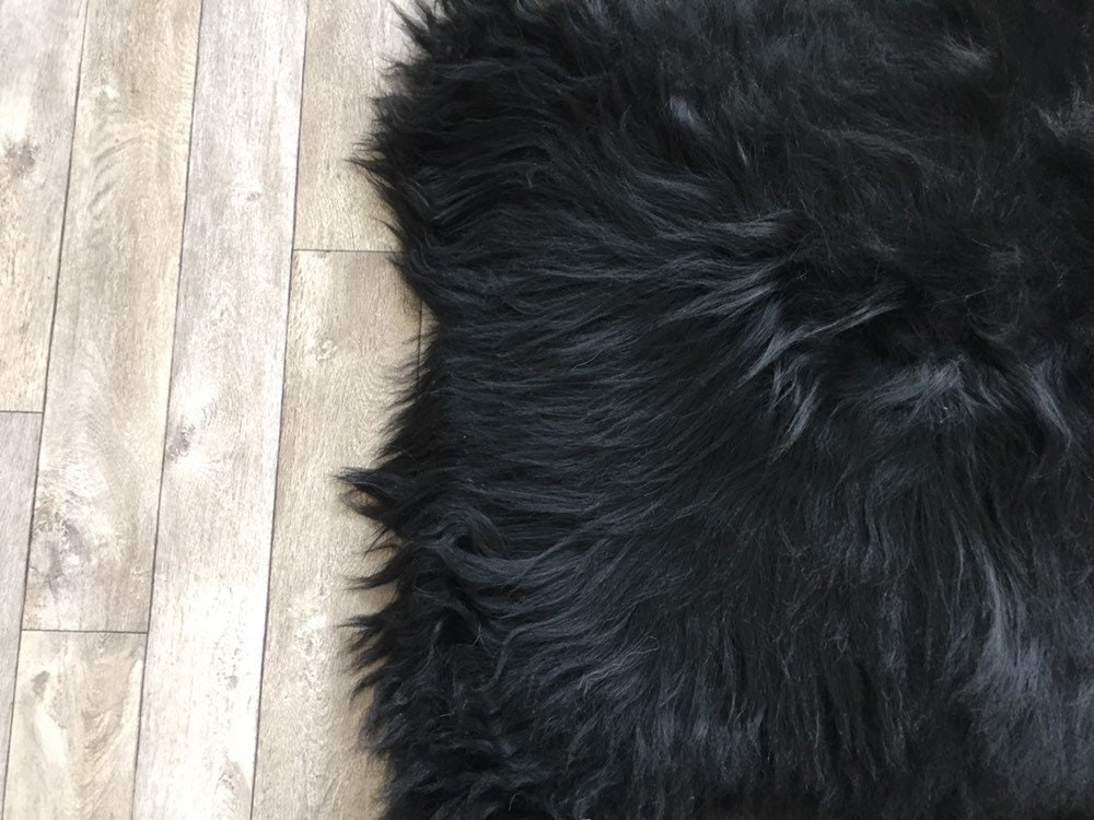 Black sheepskin long haired rug spael sheep throw 19051