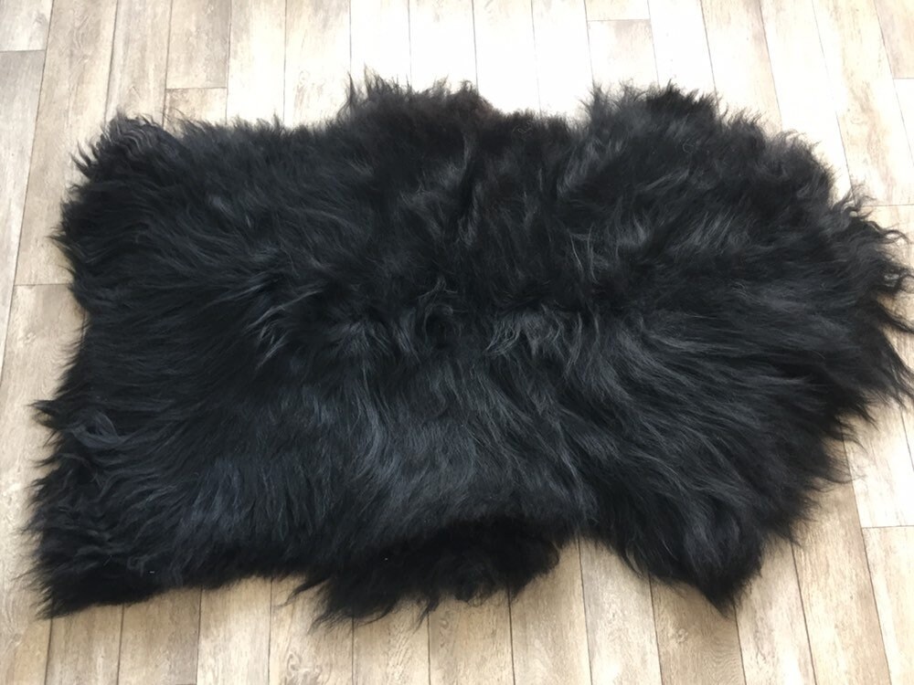Black sheepskin long haired rug spael sheep throw 19051