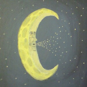 Mond Karte [Single Card], Alte Mann im Mond Karte, Original Kunstwerk, Grusskarte, Sternennacht Karte, Dankeskarte, Baby Shower Karte