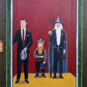 May include: A painting of three men standing in an elevator. The man on the left is wearing a suit and tie. The man in the middle is wearing a viking helmet and beard. The man on the right is wearing a wizard hat and robe. The elevator has a red interior and a number display above the door.