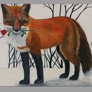 Valentijnscadeau-- Rode Vos met Rose--Woodblock Print -- Originele Wildlife Art, Fox Art, Wildlife Art, Winter Art, Rose Art, Flower Art