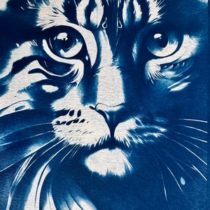Puede incluir: Un primer plano de la cara de un gato en una impresión cianotipo. Los ojos del gato están muy abiertos y miran directamente al espectador. El pelaje del gato es oscuro y el fondo es claro.