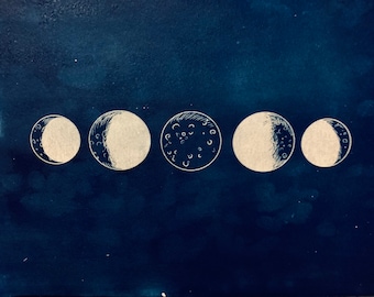 May include: A series of five white moon phases drawn on a dark blue background. The phases are crescent, half moon, full moon, half moon, and crescent.