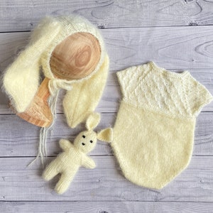 Baby Girl Bunny Prop, Newborn Rabbit Photography Prop, Mohair Knit Bunny Outfit Set, Bunny Hat, Crochet Bunny Toy
