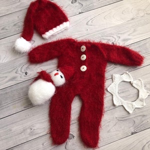 RTS Newborn photo prop Christmas outfit, Santa Claus 4 PCS mohair set image 5