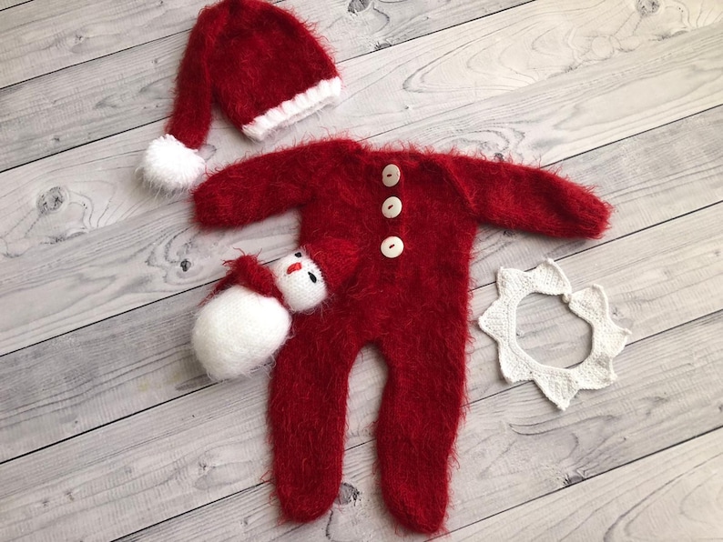 RTS Newborn photo prop Christmas outfit, Santa Claus 4 PCS mohair set image 5