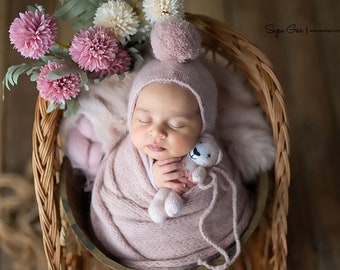 Newborn powder pink long wrap set,mohair knit photo prop pom pom hat