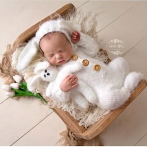 Newborn Bunny Outfit, Baby Rabbit Costume, Knit Bunny Hat, Easter Bunny Outfit, Crochet Bunny Toy and Bunny Romper Photo Prop