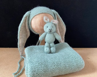 Newborn bunny wrap set mint green knit photo prop bunny hat and teddy bunny