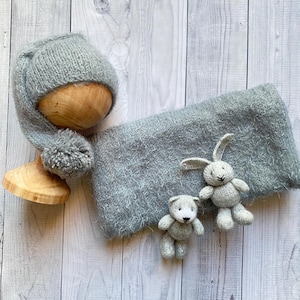 Conjunto de accesorios para fotos de recién nacidos, conjunto de manta de punto de mohair gris, fotografía de bebé, osito de peluche de ganchillo, conejito esponjoso, regalo para el regreso a casa