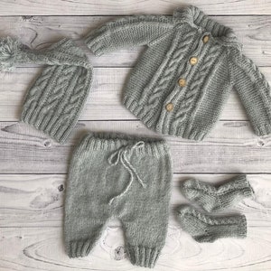 Newborn Photography Prop Grey Outfit, Baby Boy Coming Home Outfit Set, Sleepy Hat, Socks, Knitted Polo and Trousers