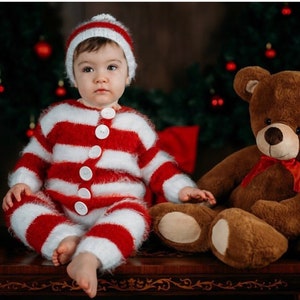 Sitter Santa Claus Outfit Photo Prop, Toddler Christmas Costume, Mohair Knit Romper Hat Set, Christmas Gift