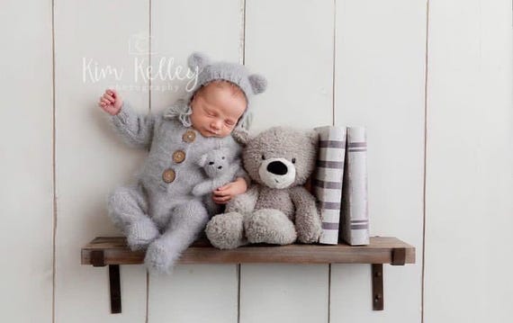 Newborn Knit Bear Outfit, Mohair Romper, Teddy Bonnet, Baby Photo