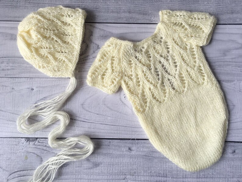 Newborn prop girl ivory romper bonnet set knit photo prop outfit