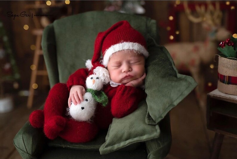 RTS Newborn photo prop Christmas outfit, Santa Claus 4 PCS mohair set image 2