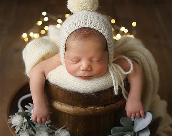 Newborn props,newborn prop,wrap set, angora knit,photo prop, pom pom bonnet set