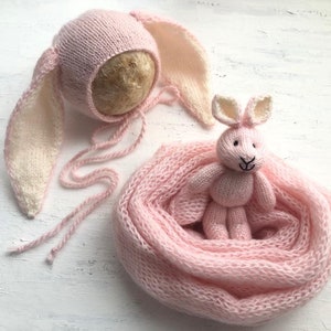Conjunto de abrigo de conejito rosa para recién nacido, accesorio fotográfico de punto de mohair, gorro de conejito de punto y abrigo largo, accesorio fotográfico de Pascua