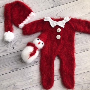 RTS Newborn photo prop Christmas outfit, Santa Claus 4 PCS mohair set image 4