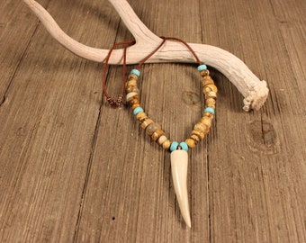 Deer Antler Necklace-Antlert Jewelry-Beaded Antler Necklace-DesignsInAntler-Antler on Leather Cord-Antler Pendant