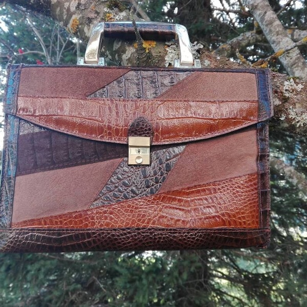 Sac à main cuir marron patchwork 70's