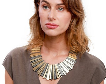 Statement Necklace, Statement Leather Necklace, Gold Collar, Bib Necklace, Statement Jewelry, Unique Jewelry, Large Contemporary Necklace