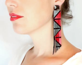 Artistic High-Quality Extra-Long Red and Black Earrings for Women | Unique Extravagant Geometric Earrings | Unusual Fancy Fashion Earrings