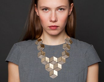 Gold statement Leather Necklace | Geometric Necklaces for her | Modern Statement Jewelry | Unique Bib Necklace | Large Avant Garde Jewellery