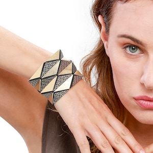Gold leather cuff, Avant garde Bracelet, Geometric statement bracelet, Statement jewelry, Contemporary bracelet, Unique modern bracelet