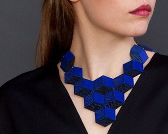 Blue Statement Necklace, Geometric Necklace, Modern Necklace, Statement Jewelry, Large Leather Necklace, Bib Necklace, Avant Garde Necklace