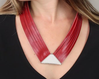 Red Necklace, Bib Necklace, Leather Necklace for Women, Red Statement Necklace, Statement Jewelry, Multi-strand Statement Necklace, Large