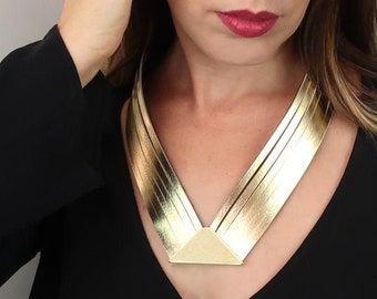 Stylish Avant-Garde Gold V Necklace for Women | Modern Statement Necklace | Unique Large Necklace | High-Quality Unusual Leather Jewelry