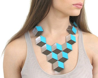 Statement Necklace, Geometric Necklace, Turquoise Necklace, Statement Jewelry, Unique Jewelry, 3D Jewelry, Avant-Garde Jewelry, Contemporary