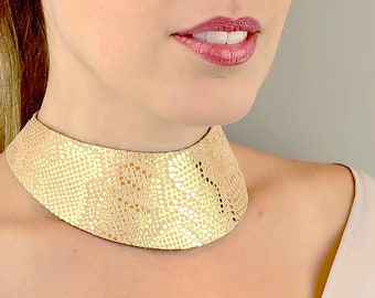 Unusual Handmade Glamorous Bib Necklace | High-Quality Stylish Tracheostomy Cover |  Wide and Big Gold Choker Collar | Large Unique Jewelry