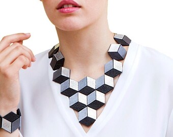 Artistic Silver Extravagant Necklace for Women | Unusual Geometric Big Bib Necklace | Unique Modern Graphic Statement Jewelry | ShulliDesign