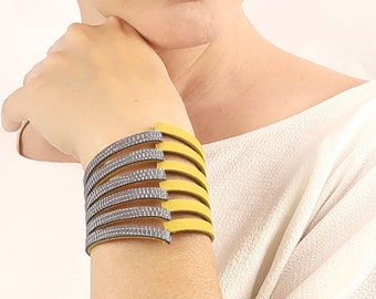 Yellow Bracelet, Large Bracelet, Leather Cuff Bracelet, Statement Bracelet, Leather Bracelet for Women, Statement Jewelry, Modern Jewelry,