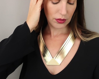 Gold Statement Necklace, Large Necklace, Gold V Necklace, Big Statement Jewelry, Contemporary Jewelry, Unique Necklace, Large Gold Necklace