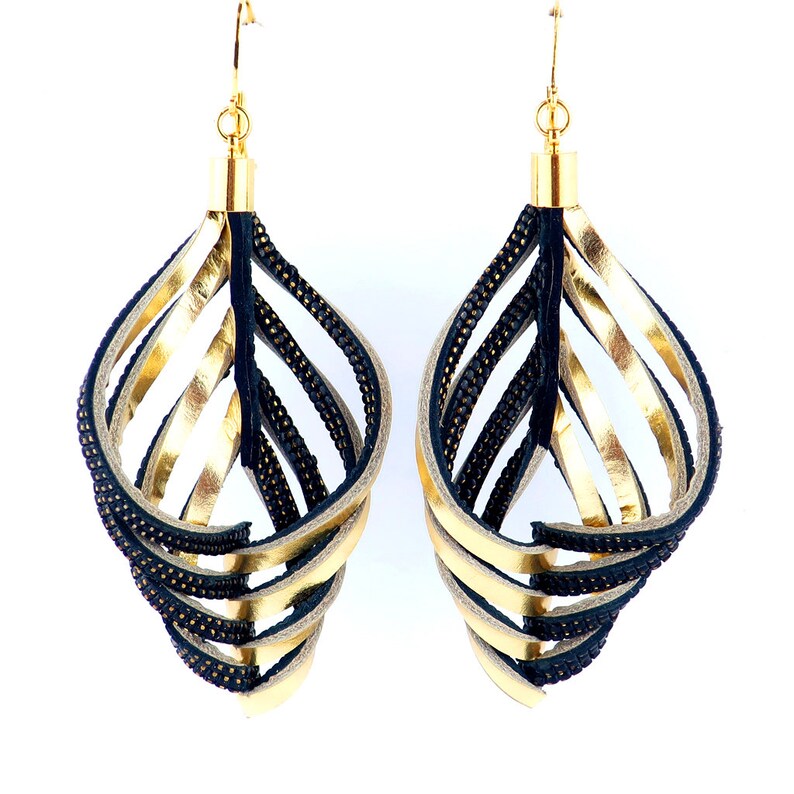 Gold Statement Earrings, Extralong Earrings, Leather Statement Earrings, Statement Jewelry