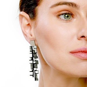 Geometric Earrings, Dangle Leather Earrings, Silver Statement Earrings, Statement Jewelry, Long Drop Earrings, Large Lightweight earrings