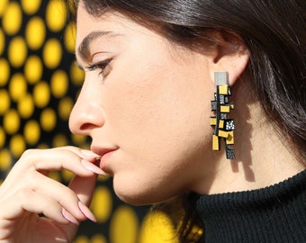 Dangle drop earrings | Yellow Statement Jewelry | women leather Earrings | Long Bold & Lightweight | Contemporary earring | Avant guard