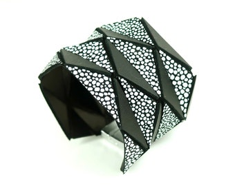 Handcrafted Origami Bracelet for Day and Evening | Unique Big Black Geometric Cuff Bracelet for Women | Stunning B&W Statement Jewelry Gifts