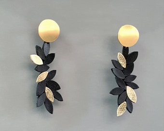 Black leaf earrings | Drop dangle earrings for women | Long leather earring | Asymmetric statement earrings | Modern wearable art jewelry