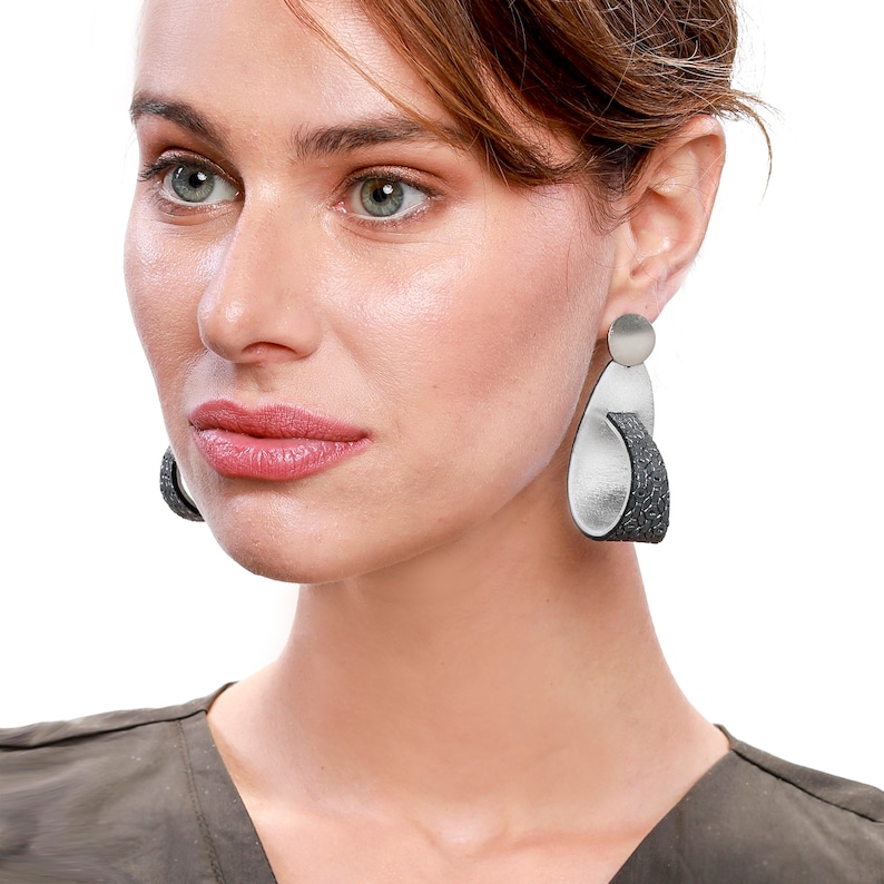 Silver Statement Earrings, Large Earrings, Swirl Earrings, Black Silver Earrings, Leather Earrings, Large Post Earrings, Big Dangle Earrings image 1
