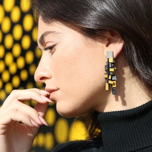 Gold Statement Earrings Post Drop Earrings Large Leather Earrings Long Earrings for women Asymmetric Jewelry Big Dangle Earring image 7