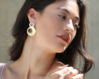 Gold Statement Earrings | Bold round earrings | Big Leather drop Earrings | Large Earrings for Women | Geometric Earring | Art Deco jewelry