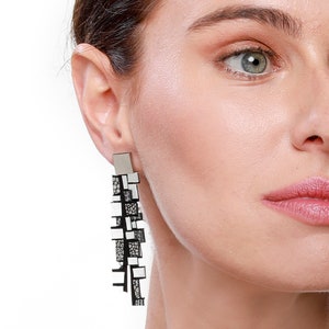 Gold Statement Earrings Post Drop Earrings Large Leather Earrings Long Earrings for women Asymmetric Jewelry Big Dangle Earring image 3
