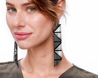 Unusual Extra-Long Silver Geometric Earrings for Women | Unique Extravagant Fashion Post Earrings | Fancy Monochrome Hanging Earrings