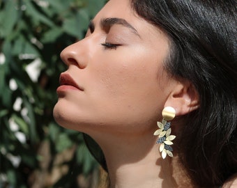 Leaf gold earrings | Dangle Leather Earring | Asymmetric Statement Earrings | Long Drop Earrings for women | Art jewelry