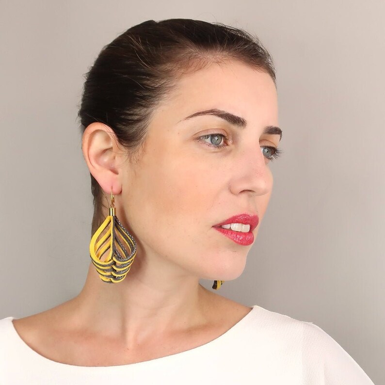 Large Earrings Statement Earrings Big Lightweight Earring Bold Statement Jewelry Leather Earrings Long Dangle Earrings Yellow Earring